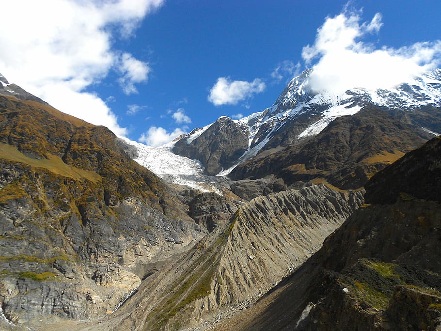 india, glacier, mountains, valley, ravine, gorge, sky, clouds HD wallpaper