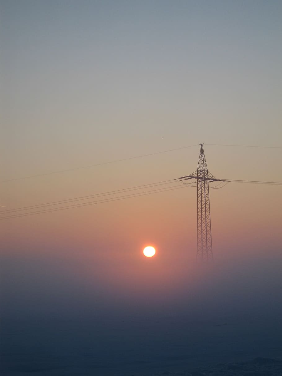 black electrical post, strommast, sun, energy, electricity, sunrise, HD wallpaper
