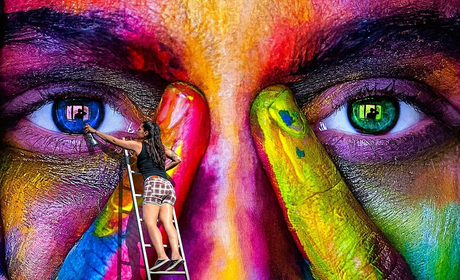 human eye, wall art, spray, graffiti, woman, color, colorful, HD wallpaper