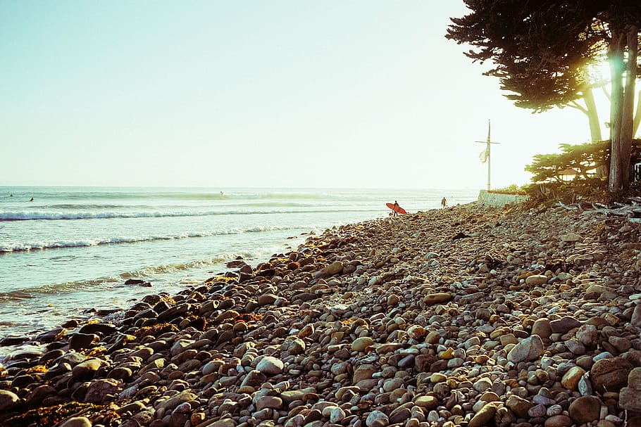 photo of rock peebles on seashore beside sea, green, leaved HD wallpaper