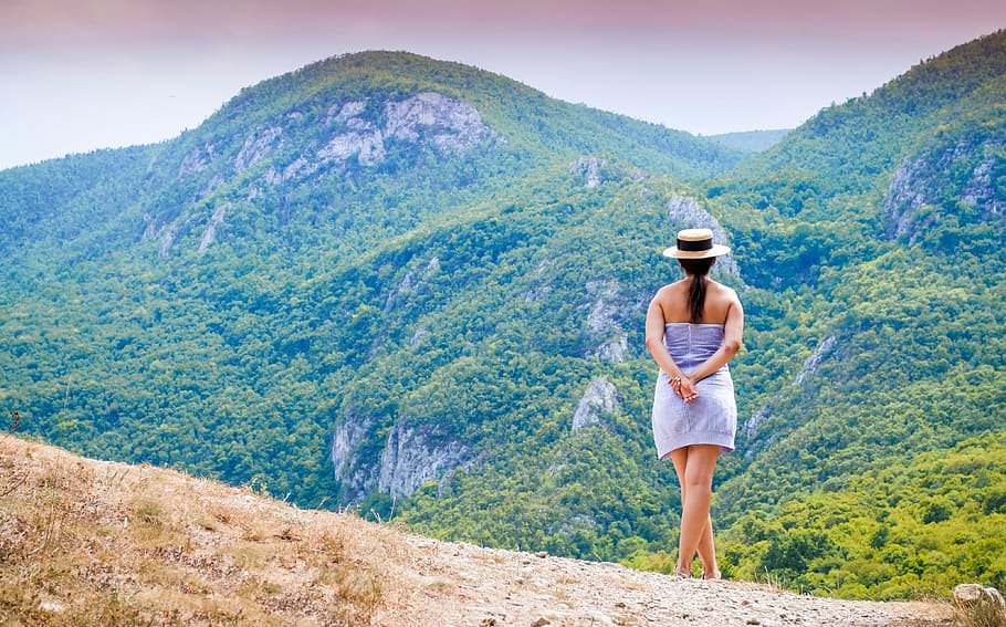 Girl looking at mountains landscape, female, forest, photos, landscapes, HD wallpaper