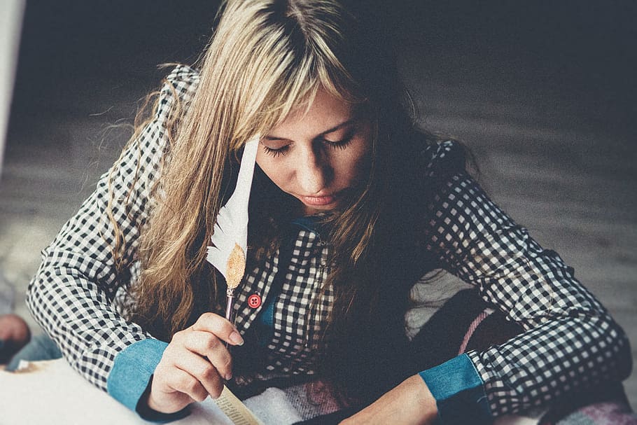 write, to write, writer, pen, paper, book, creativity, girl HD wallpaper