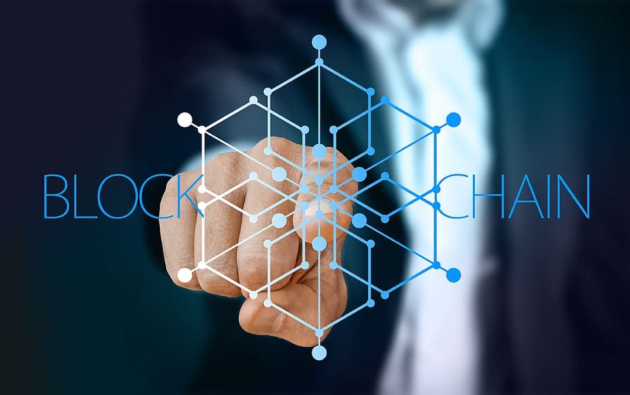 person pointing on Block Chain logo, data, record, finger, touch HD wallpaper