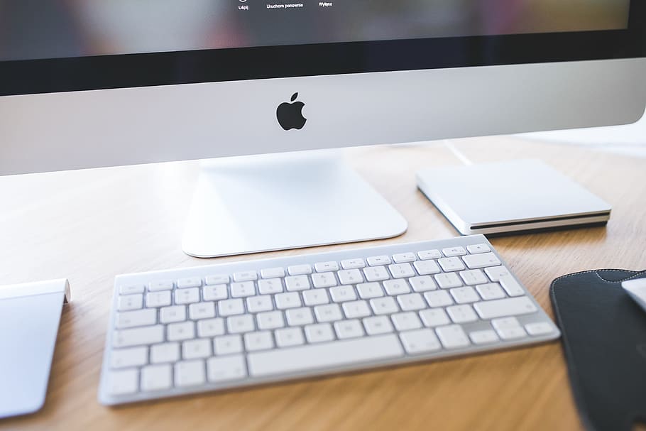 Apple iMac - closeup of white keyboard, computer, desk, display HD wallpaper
