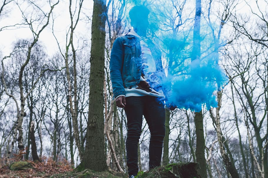 Hide My Face P3, person wearing blue jacket and black pants, smoke, HD wallpaper