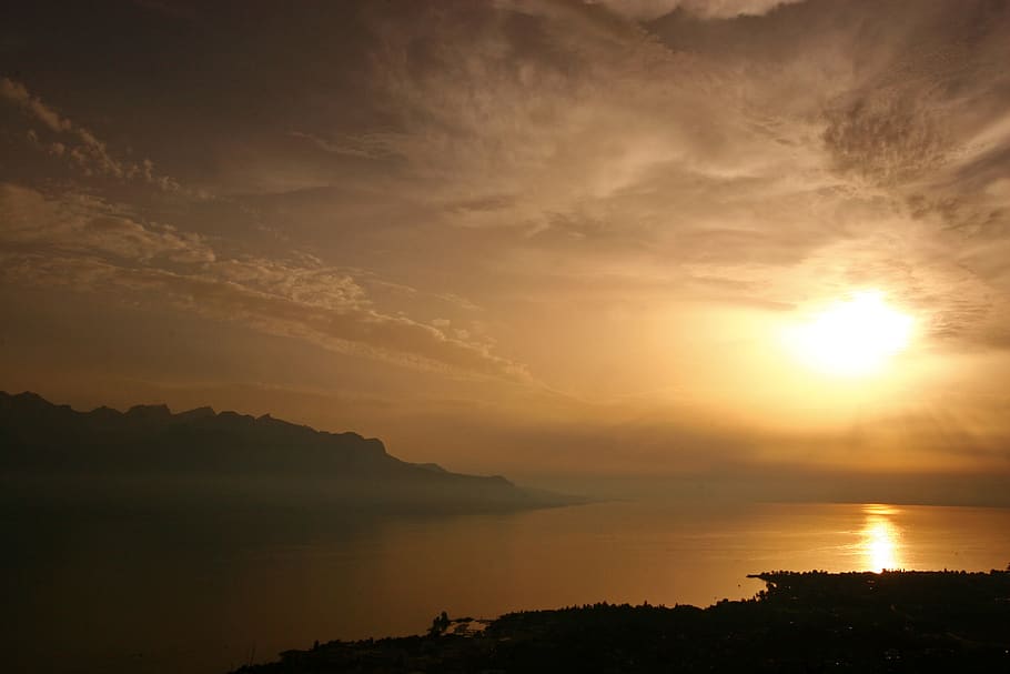 montreaux, switzerland, lake, sunset, landscape, water, nature, HD wallpaper