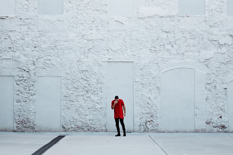 man in red dress shirt, architecture, building, infrastructure HD wallpaper