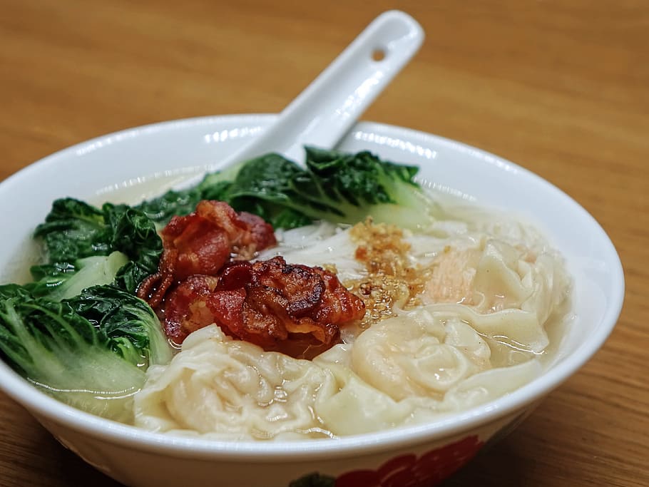 dumpling soup, noodle, wanton, vegetable, shrimp, chinese, pork, HD wallpaper