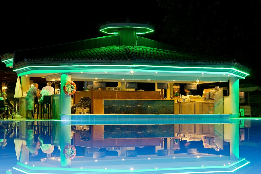 hotel, pool, bar, night, illuminated, architecture, built structure HD wallpaper