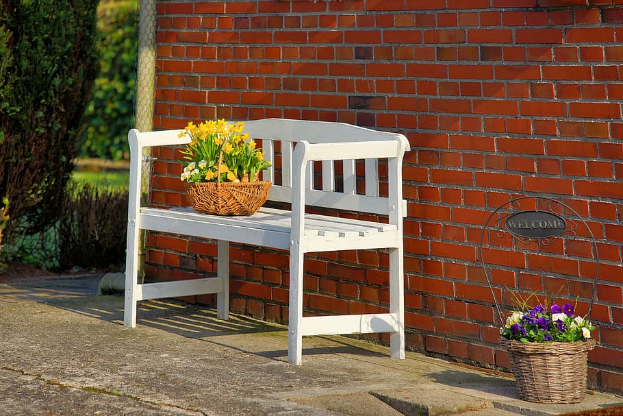 yellow petaled flowers on wicker basket on white wooden bench HD wallpaper