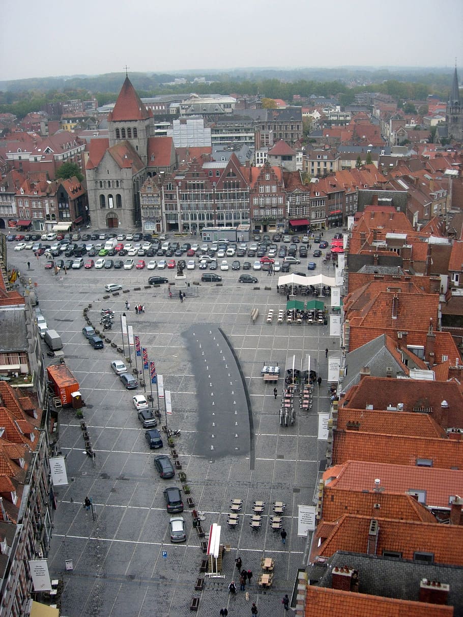 tournai, belgium, view from above, grand-place, belfry, city, HD wallpaper