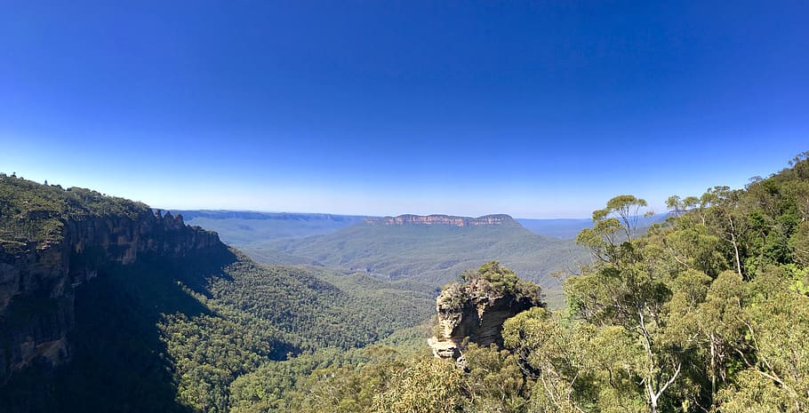 blue mountains, australia, panorama, three sisters, eucalyptus, HD wallpaper
