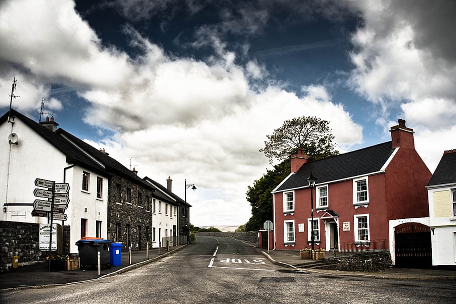 red building beside road, ireland, clonbour, clouds, cloud - sky HD wallpaper