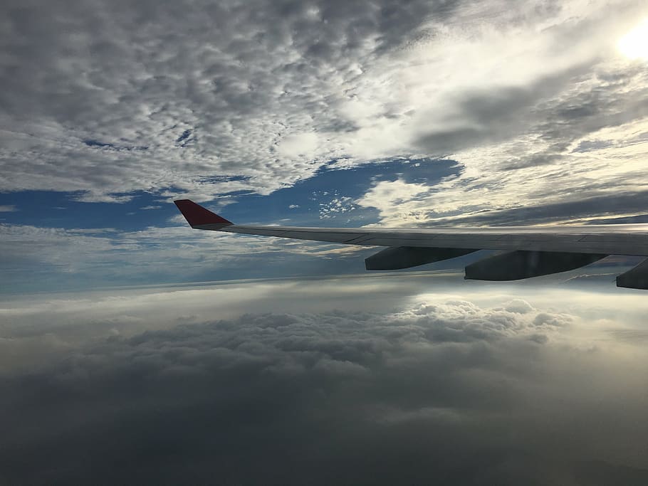 clouds, sunlight, wing, plane, flight, cloud - sky, airplane HD wallpaper