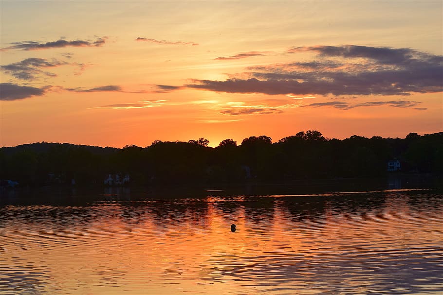 Sunset, Lake, Clouds, Orange, sky, reflection, nature, landscape HD wallpaper