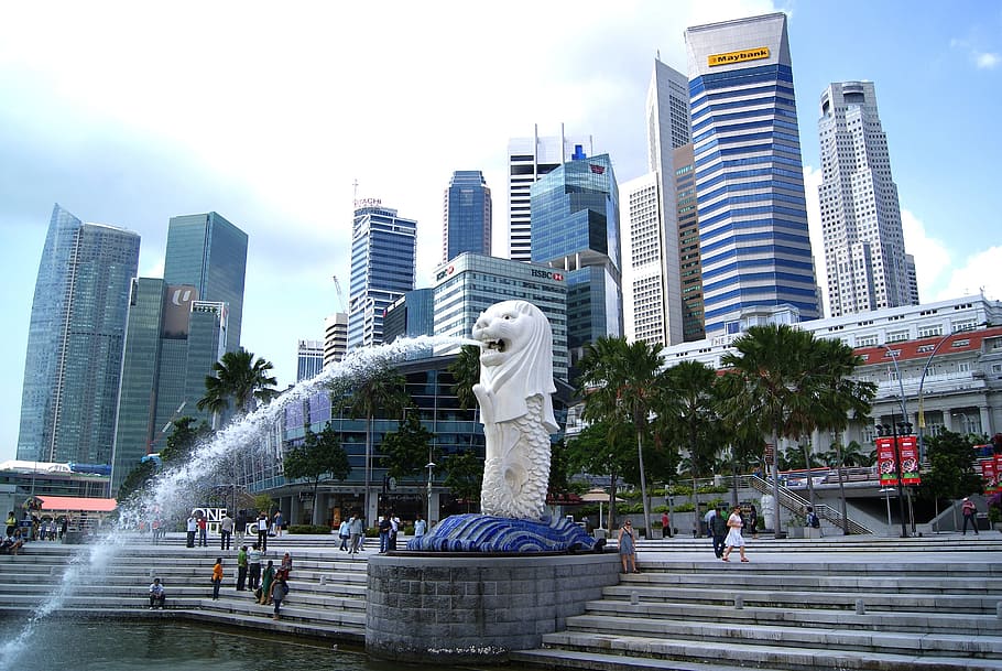 Merlion, Singapore under white clouds at daytime, Singapore, City, HD wallpaper