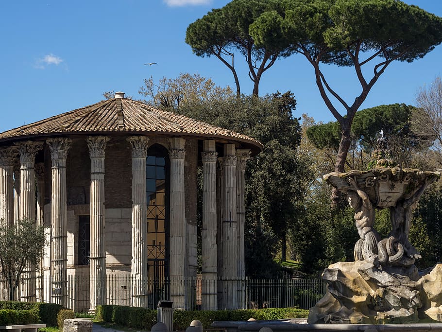 italy, rome, architecture, columns, sky, blue, source, europe HD wallpaper