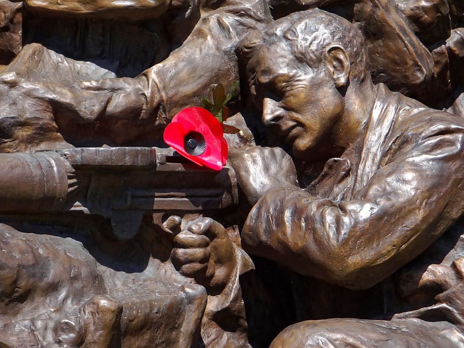 brown concrete statue, war memorial, bronze statue, men, poppy HD wallpaper