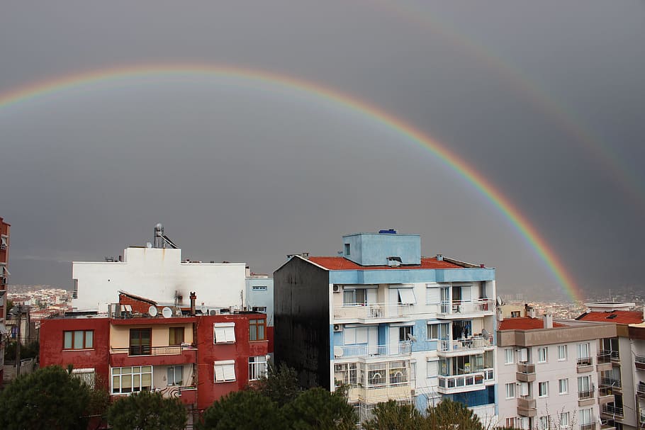 birds eye view of rainbow, Rainbow, Landscape, Building, double rainbow HD wallpaper