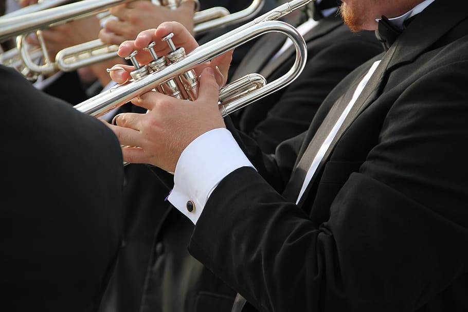 men playing trumpets, Tuxedo, Orchestra, Band, musician, performance, HD wallpaper
