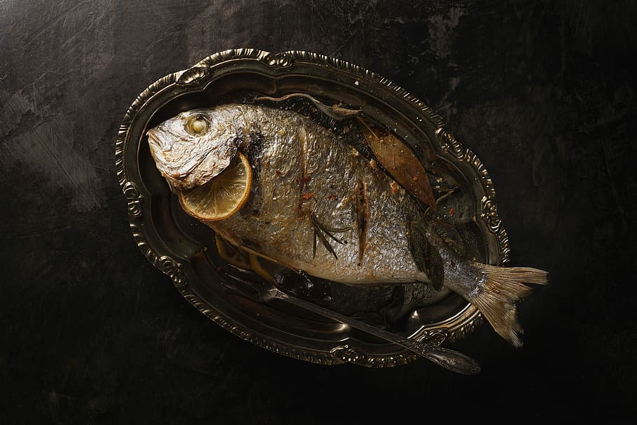 Dorada, fish, fried fish, lemon, dinner, meal, silver plate, food HD wallpaper