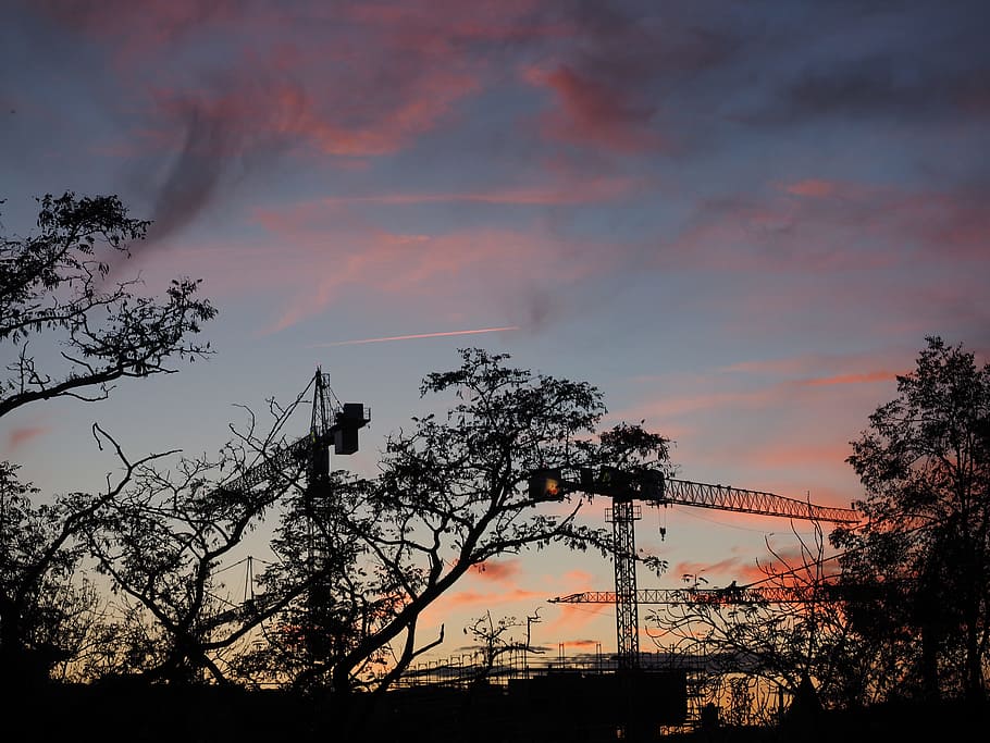 Clouds, Evening, site, baukran, sky, sunset, silhouette, dusk HD wallpaper