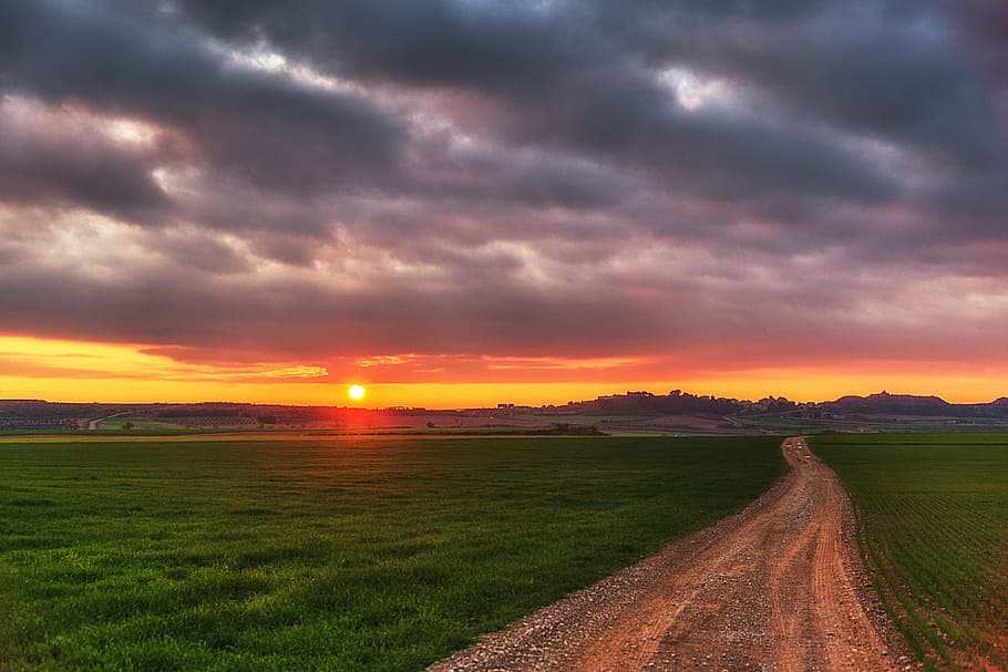 pathway between green grass field overlooking mountain during golden hour HD wallpaper