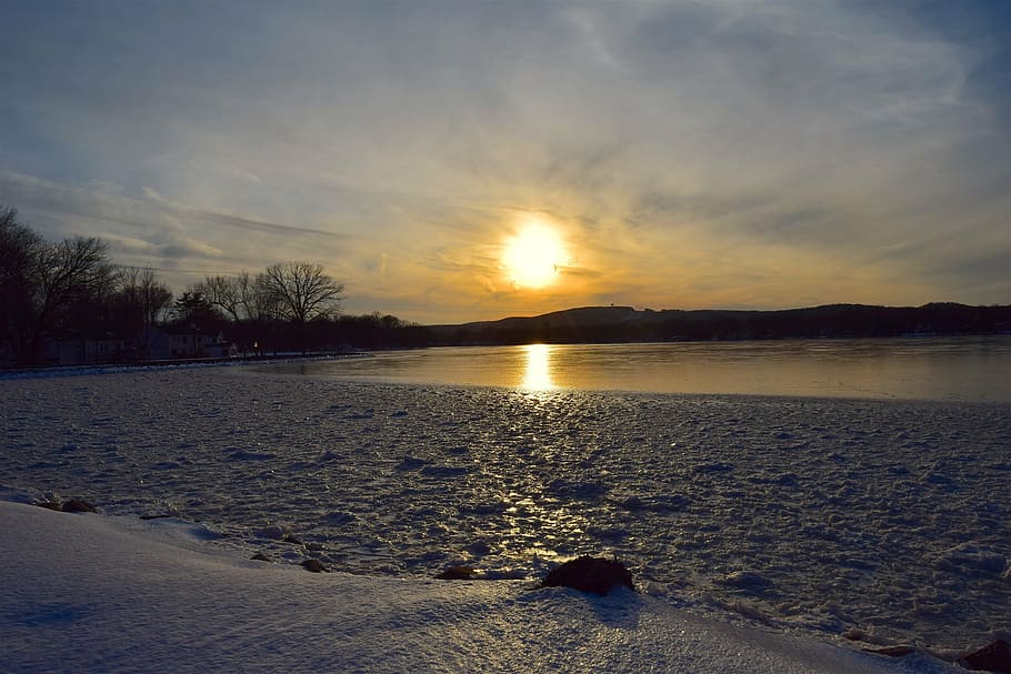 sunset, lake, winter, snow, ice, trees, water, reflection, nature HD wallpaper