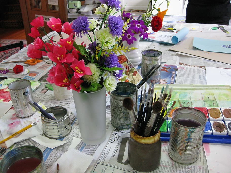Flowers, Paint, Container, Arrangement, vase, colorful, bottle HD wallpaper
