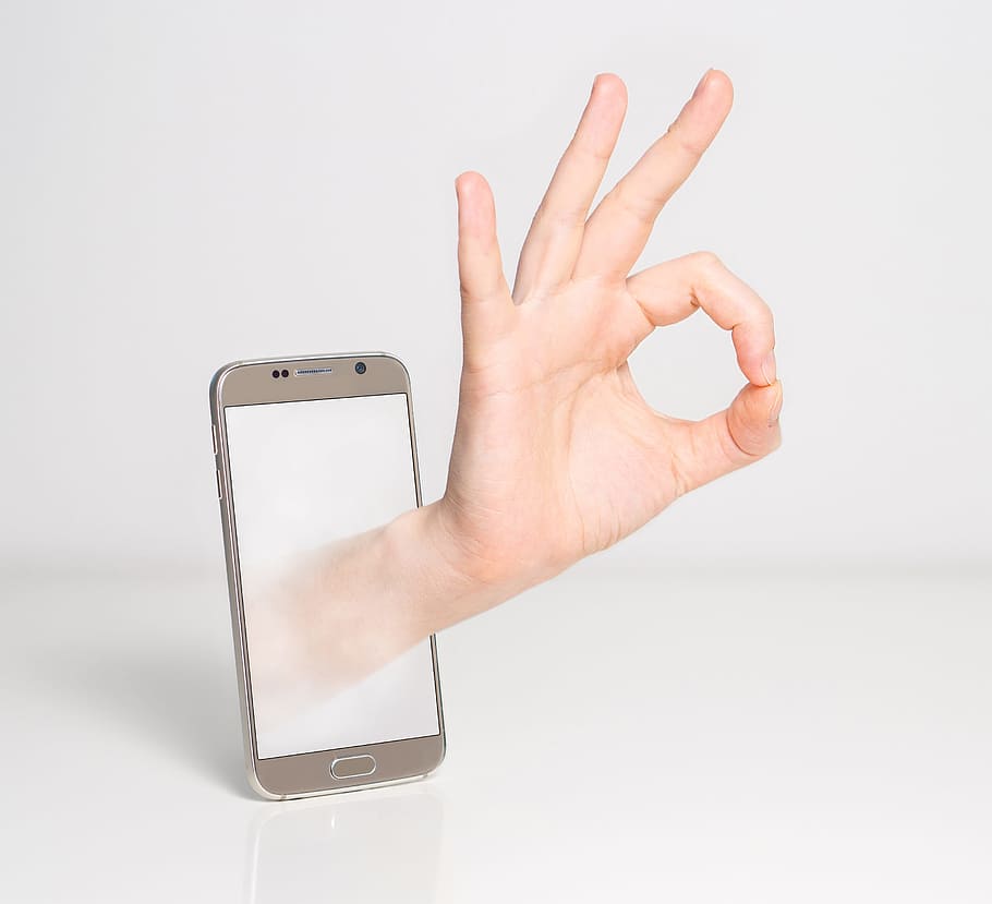 silver Samsung Galaxy S6 displaying 3D hand, fingers, good, alright, HD wallpaper