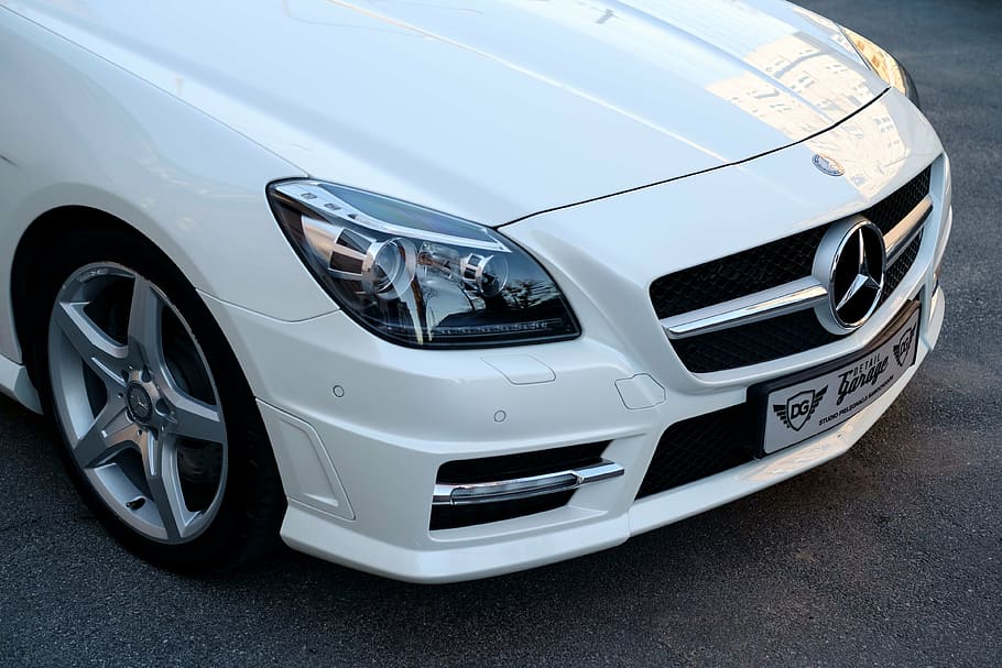white Mercedes-Benz car, slk, auto, transport, design, transportation
