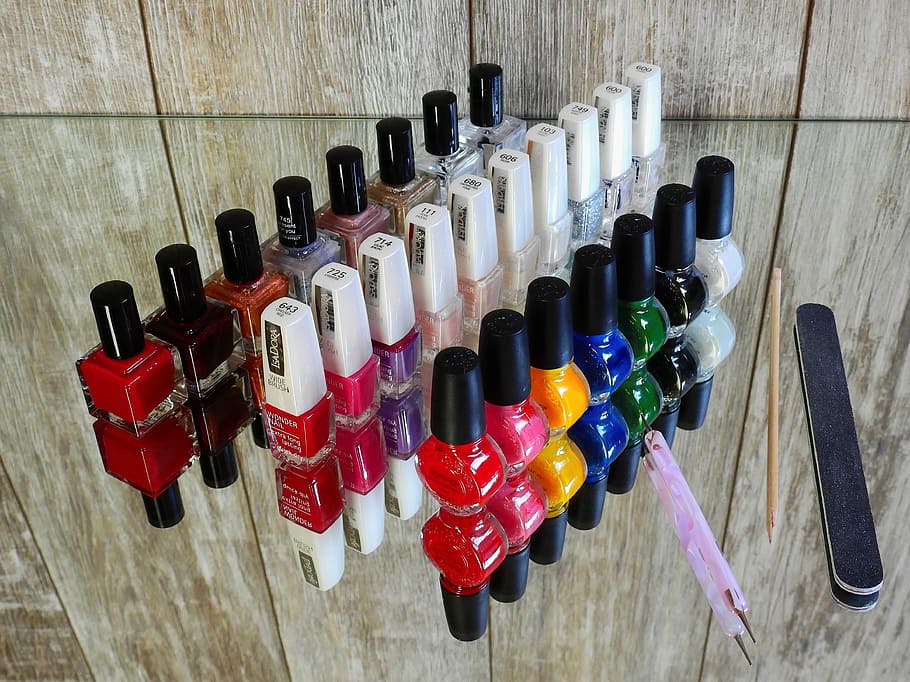 line up assorted-color nail lacquer bottles beside nail tools, HD wallpaper