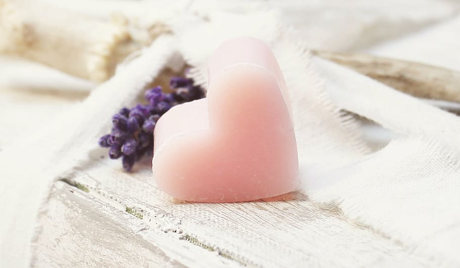 pink heart ornament, lavender, books, heart soap, soap heart, HD wallpaper