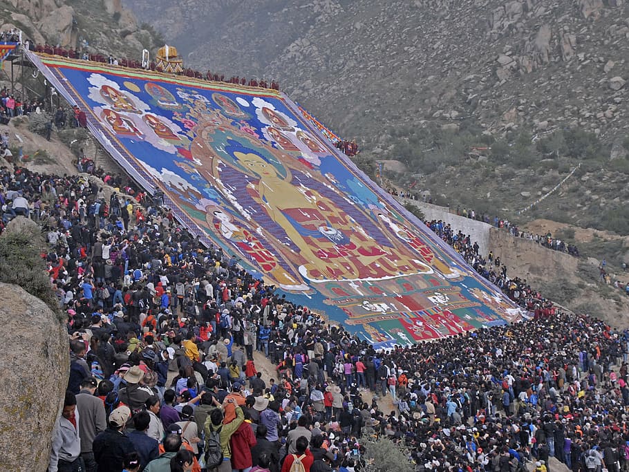 monastery, drepung, lhasa, tibet, shoton, thangka, people, crowd, HD wallpaper
