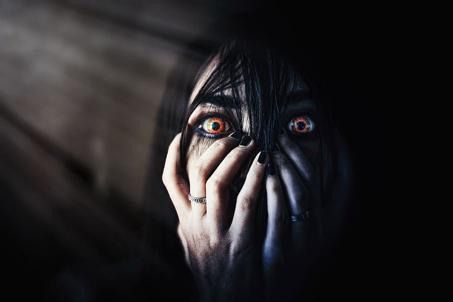 portrait of woman face, eyes, evil, faceless, hair, scary, hand, HD wallpaper