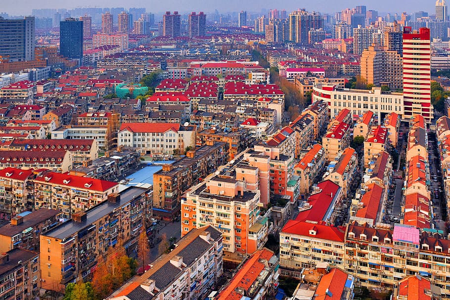 Shanghai, bird's eye view of high-rise building, street, looking down HD wallpaper
