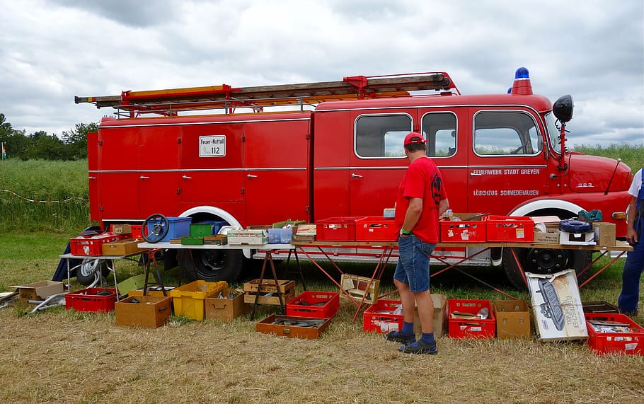 fire, flea market, red, used, man, vehicle, landscape, mode of transportation HD wallpaper