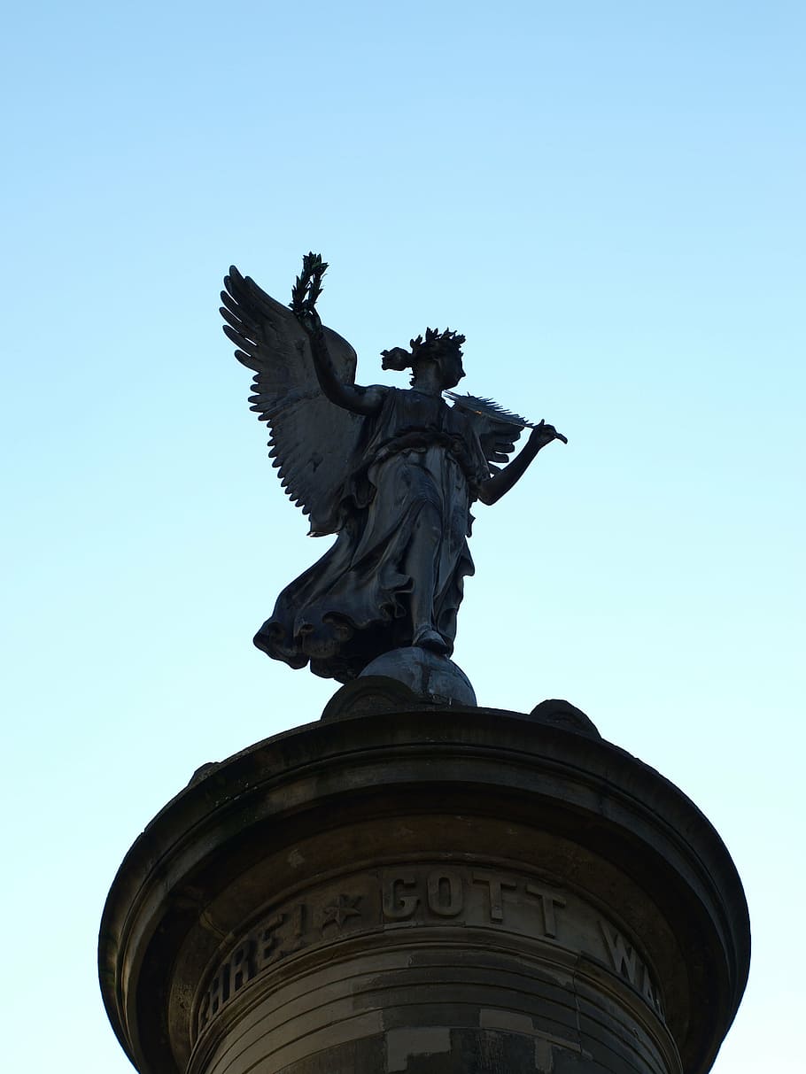 siegburg germany, siegessäule, angel, sky, blue, pillar, statue, HD wallpaper
