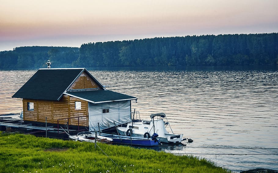 River, Danube, House, Boat, Trees, Dog, pier, nature, water HD wallpaper