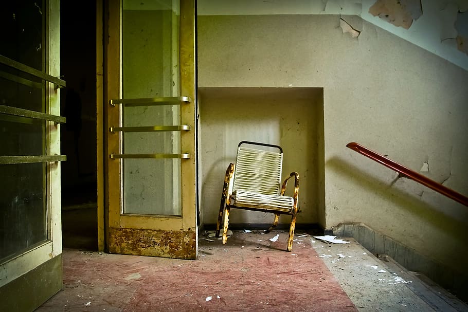 brown armchair near door and stairs, lost places, lapsed, old HD wallpaper