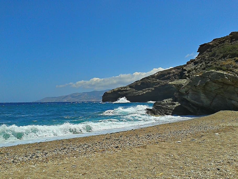 coastline, waves, islands, greece, greek, andros, beach, beachfront, HD wallpaper