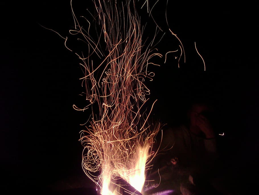 Fire, Spark, Firewood, Koster, Flame, night, heat - temperature HD wallpaper