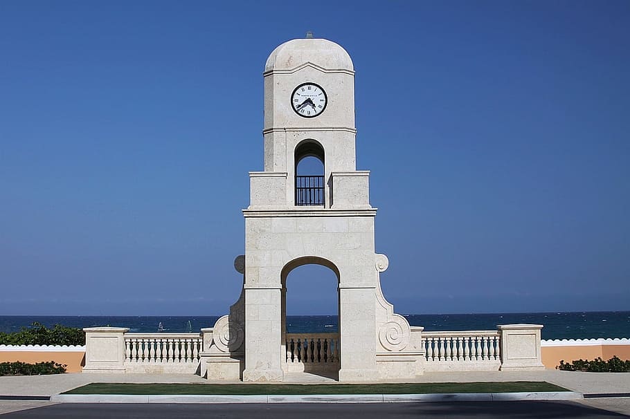 Architecture, Tower, Clock, Street, ocean, sky, palm, beach HD wallpaper