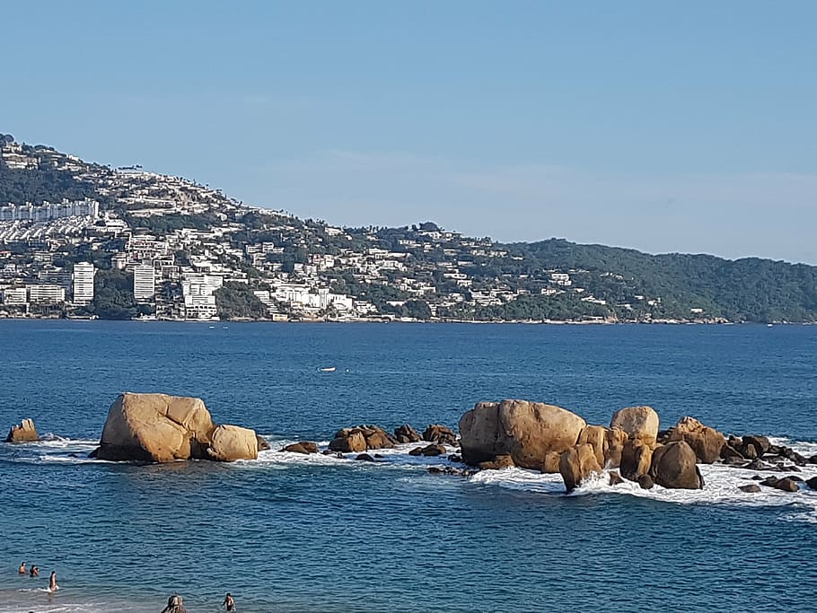 acapulco, rocks, bay, sky, beach, blue, water, sea, animal themes HD wallpaper