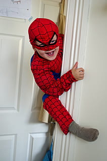 boy wearing Spider-Man costume, little, spiderman, child, funny HD wallpaper