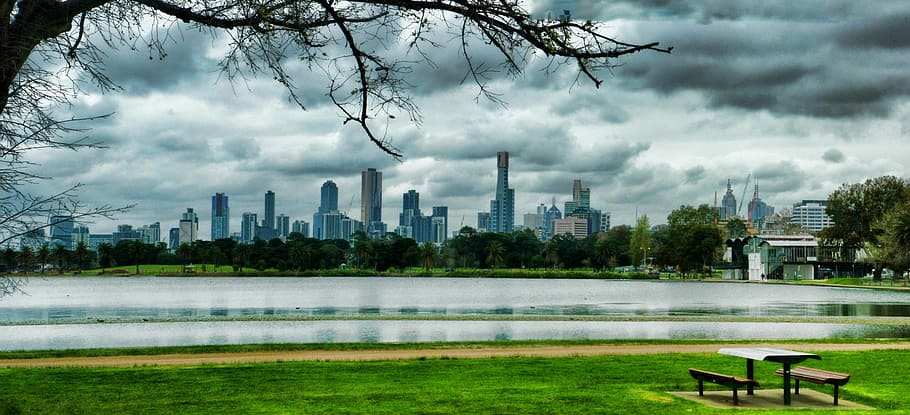 City, Lake, Buildings, Water, Panorama, cityscape, architecture HD wallpaper