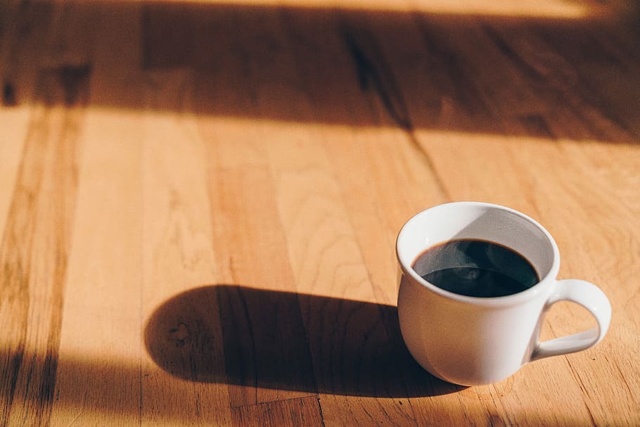 white ceramic mug on brown wooden surface, white ceramic teacup HD wallpaper