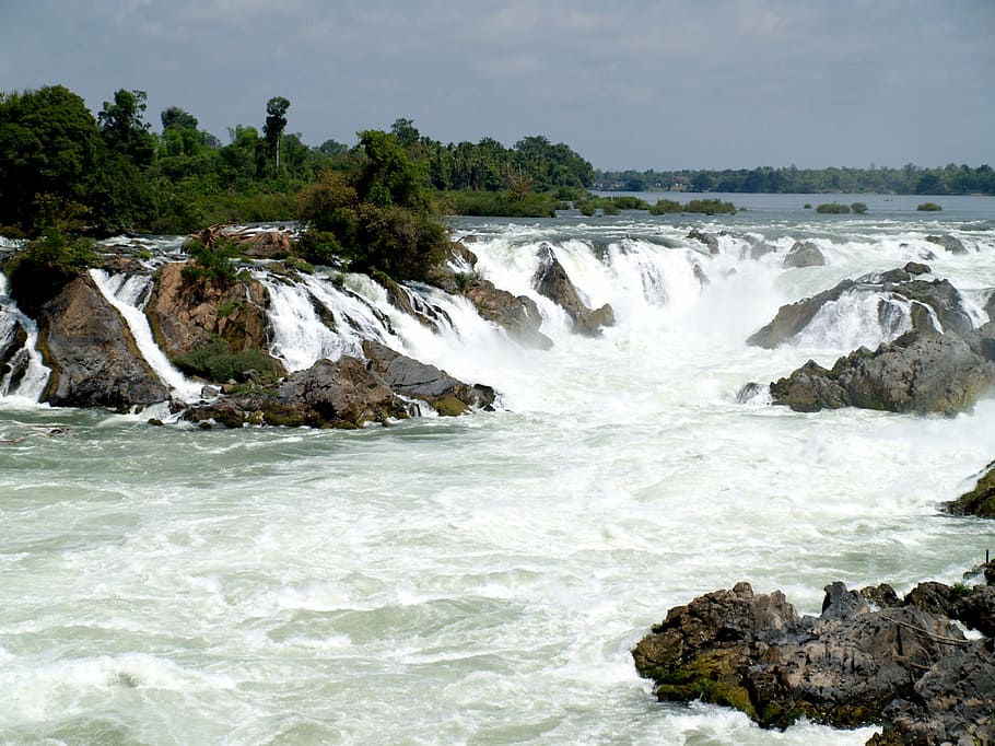waterfalls during daytime, four thousand islands, laos, jungle, HD wallpaper
