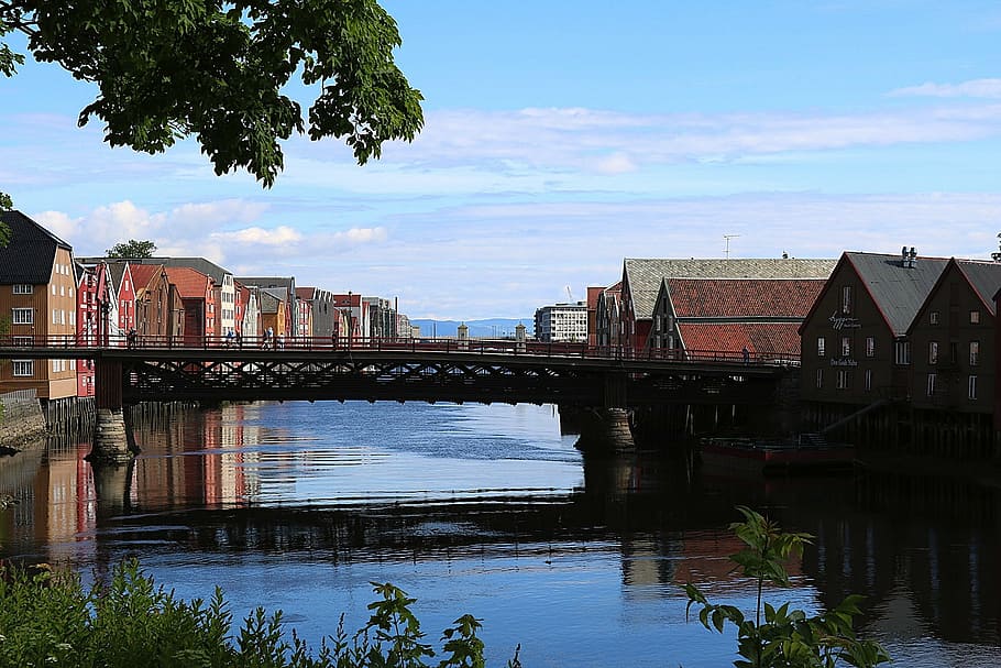 trondheim, river, bridge, architecture, atmospheric, built structure HD wallpaper