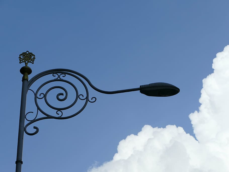lamp, sky, clouds, contrast, day, bright, metal, blue, light HD wallpaper